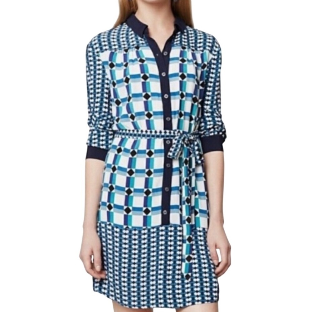 Anthropologie Maeve Blue Geometric Button Front Shift Dress Size 4 Mod Retro